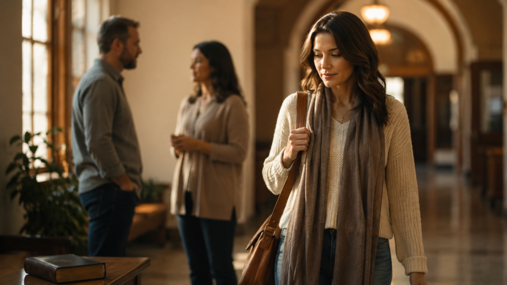 A person quietly stepping away from a private conversation in a church hallway, illustrating how to stop gossip biblically.