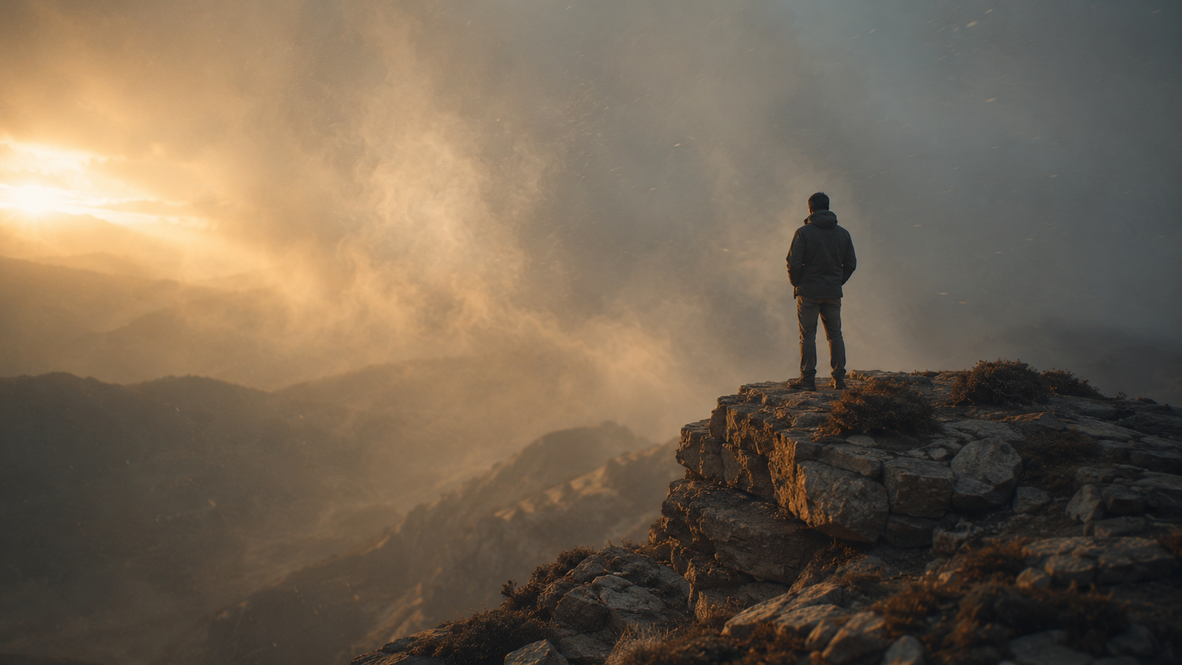A person standing steady on a rocky ridge at dawn as mist swirls past, illustrating how to stand firm in faith when falsely accused.