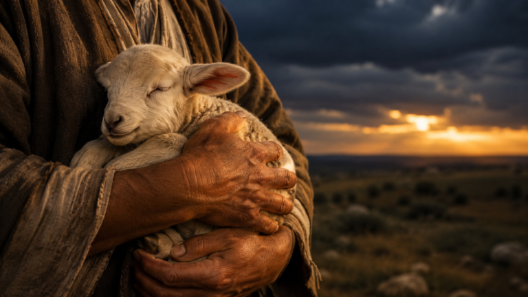 A shepherd's strong hands securely cradling a calm lamb as a distant storm passes, illustrating eternal security and the believer being held in God's hand.