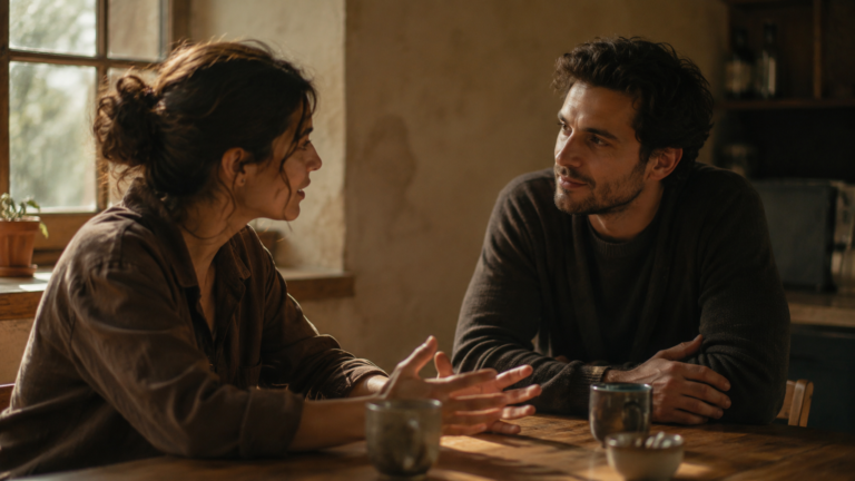Two people in a calm, earnest conversation across a table, one listening with gentle composure, illustrating how to defend your faith without being defensive.