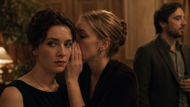 One person leaning in to whisper behind a cupped hand to another in a social setting, illustrating the telltale signs of gossip.