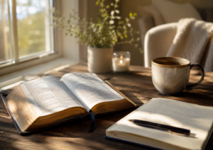 An open Bible beside a journal and warm morning light, symbolizing scripture praying and a refreshed prayer life.