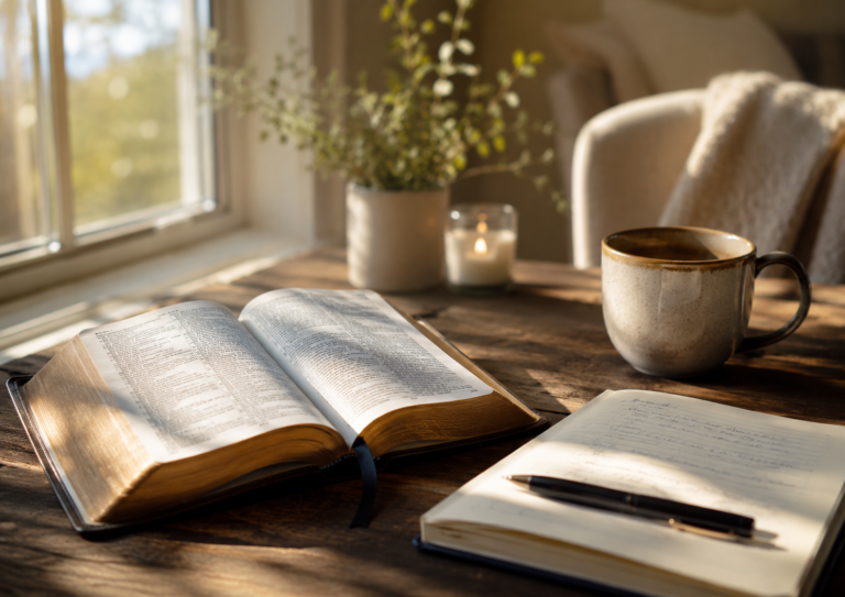 An open Bible beside a journal and warm morning light, symbolizing scripture praying and a refreshed prayer life.