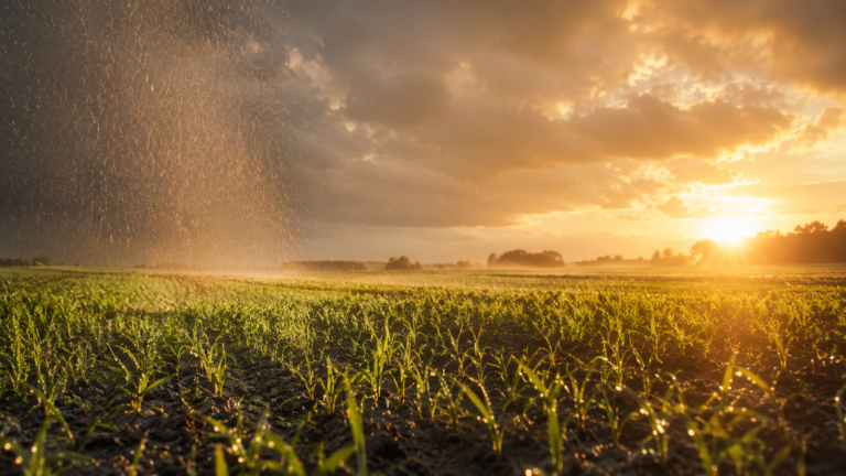 Rain falling on a sunlit field of new green growth, illustrating God's word going out and accomplishing its purpose.