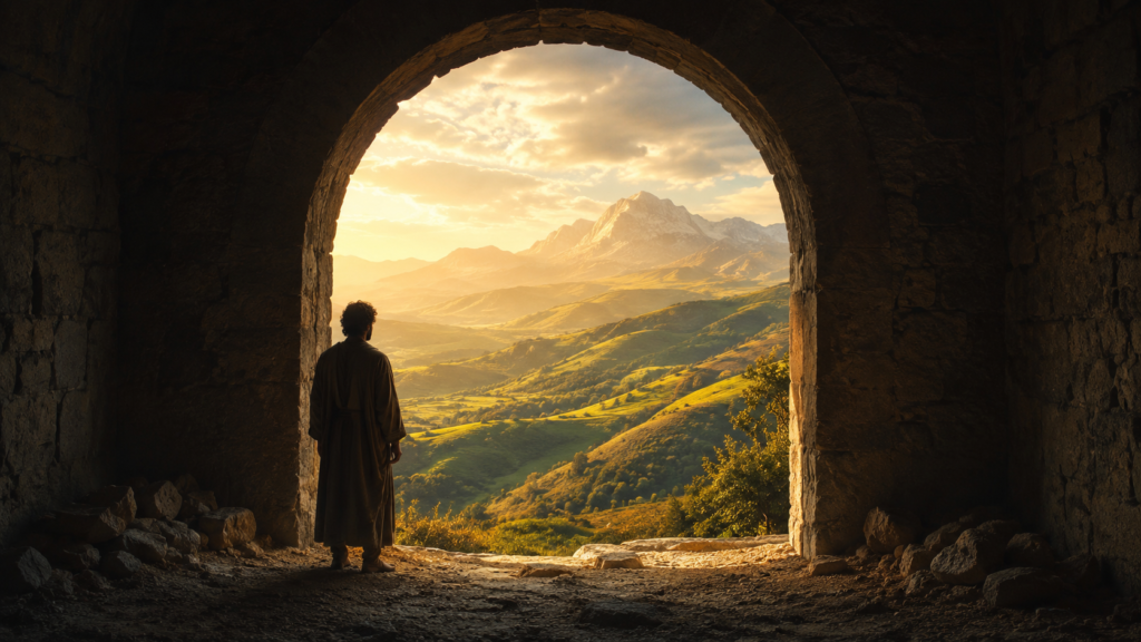 A figure in a dim room looking out through an arched opening toward a brilliant sunlit landscape, illustrating heaven as a real and better place.