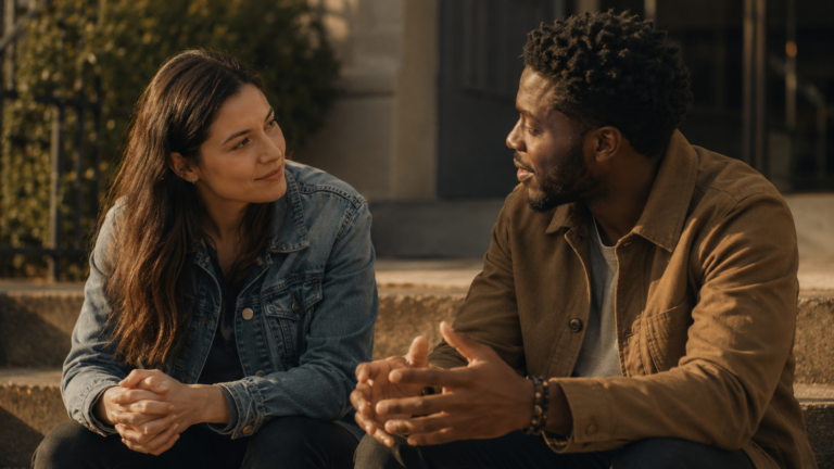 Two people sitting side by side in warm light, one listening attentively to the other, illustrating how to respond to objectors with empathy and grace.