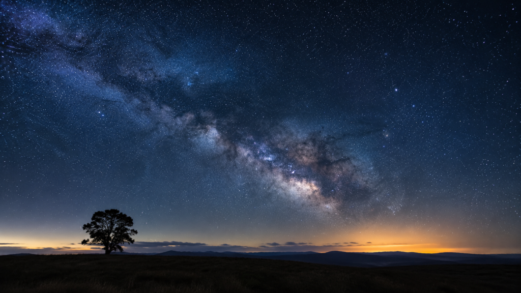 A vast star-filled night sky and the Milky Way arcing over a dark landscape, illustrating creation pointing to the existence of God.