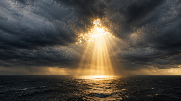 A powerful shaft of light breaking through dark storm clouds onto a vast sea, illustrating the supernatural breaking into the natural world.