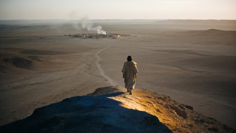 A lone figure walking east into open country at dawn, away from a distant settlement, for the study of Cain leaving for the land of Nod in Genesis 4