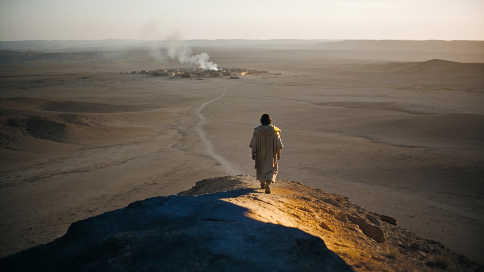 A lone figure walking east into open country at dawn, away from a distant settlement, for the study of Cain leaving for the land of Nod in Genesis 4