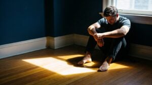 A man sitting alone on the floor of a dim room in a single shaft of light, for the study on pain that does not lift
