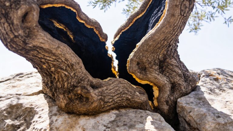 An ancient olive tree rooted down into a split boulder, for the study on what suffering produces