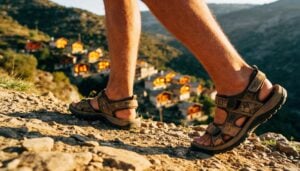 Dusty sandaled feet mid-stride on a rocky mountain path, with a lit hillside village in the valley below, for an article on Isaiah 52:7